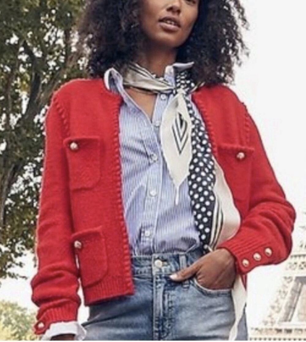 J Crew Women’s Odette Sweater Cardigan Red Merino/Alpaca Blend Gold Buttons XL